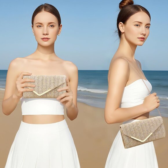 Women Beige Trendy Clutch Purses Evening Fashion Envelope Cross-Body Handbags - Picture 2 of 7